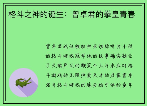 格斗之神的诞生：曾卓君的拳皇青春